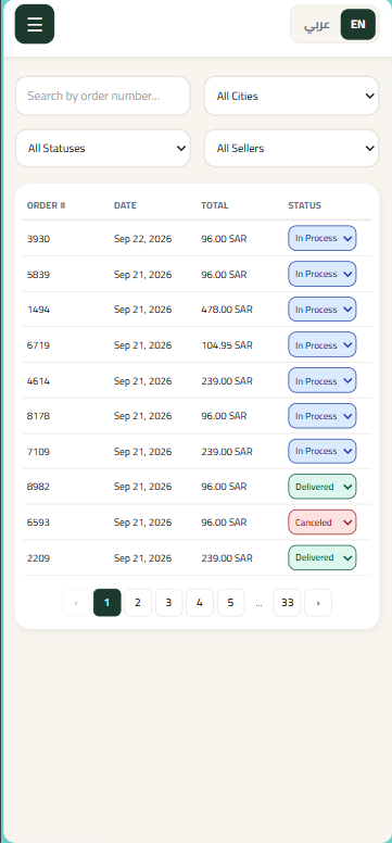 Orders management list with filters and pagination
