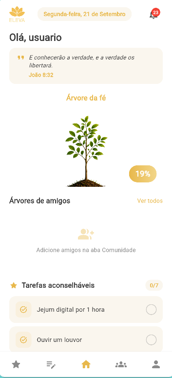App home screen with faith tree, daily verse and spiritual tasks