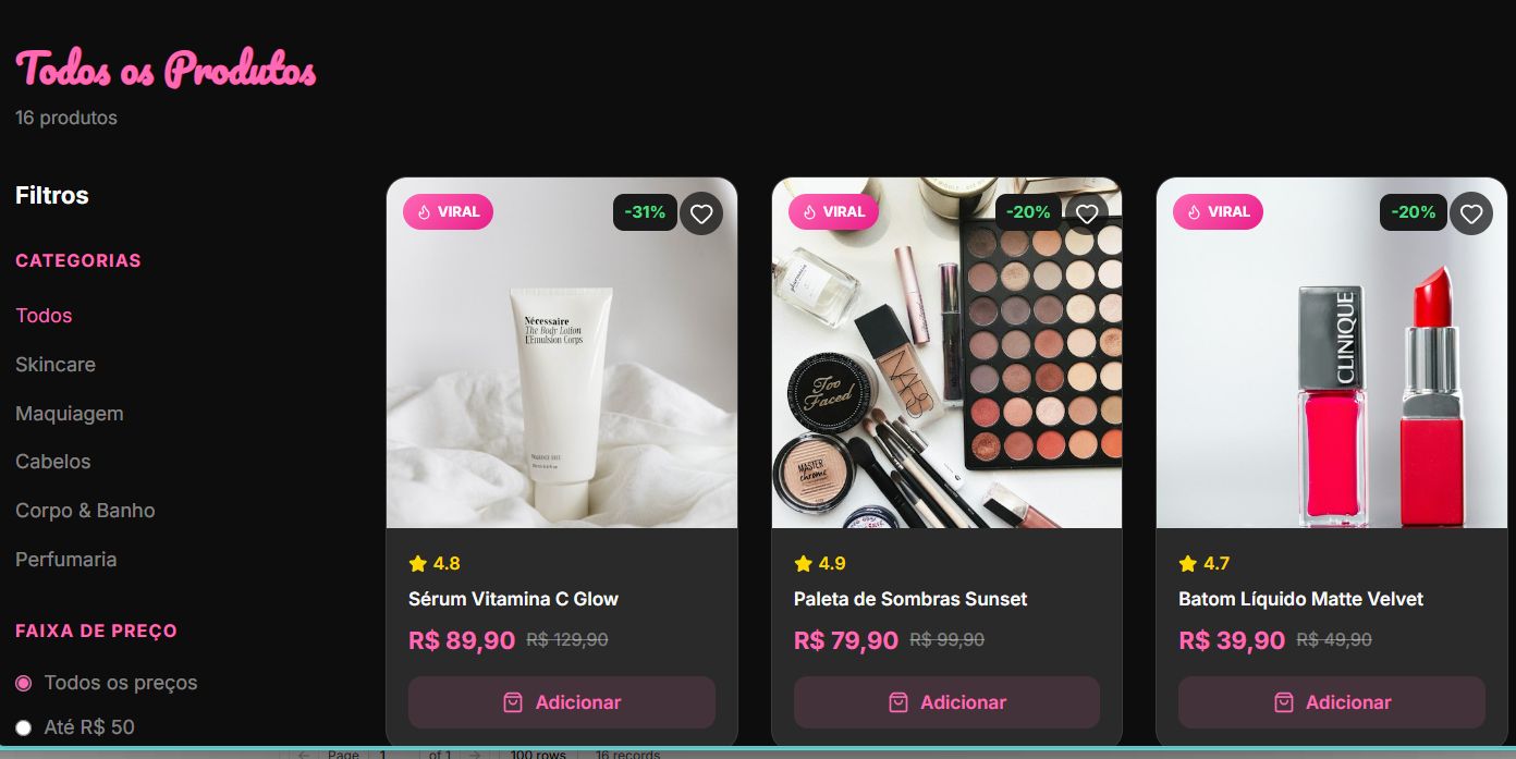 Product catalog with categories, filters and viral badges